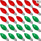 25 Pack C7 Red and Green Christmas Lights Replacement Ceramic Bulbs, Red Green Christmas Lights C7 Bulbs for Christmass Day, Party and Wedding Decorations, E12 Candelabra Base, 5 Watts