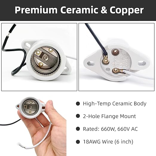 4-Pack E26 Ceramic Light Sockets - 600V 660W Heat-Resistant Lamp Holder with 2-Hole Flange Mount & 6" 18AWG Wire for Garage/Closet Ceiling Lighting (White)