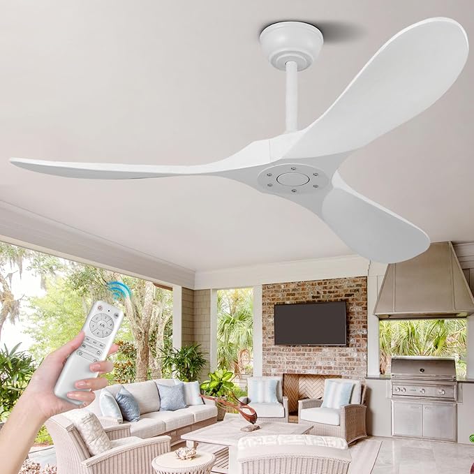 52" White Outdoor Ceiling Fan No Light,Solid Wood Modern Ceiling Fans Without Lights, Quiet High Cfm Energy Efficient 3 Blade Farmhouse Patio Dc Motor Rustic Exterior Large Living Room Ceiling Fan