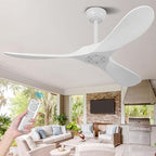 52" White Outdoor Ceiling Fan No Light,Solid Wood Modern Ceiling Fans Without Lights, Quiet High Cfm Energy Efficient 3 Blade Farmhouse Patio Dc Motor Rustic Exterior Large Living Room Ceiling Fan