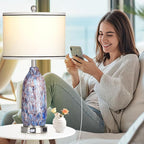 Coastal Lamps with USB A+C Ports & LED Night Light, Unique Seashells Glass Table Lamps with Natural Fabric Shade, Modern Touch Control Beach Bedside Lamp for Living Room Bedroom Nightstand Navy Blue