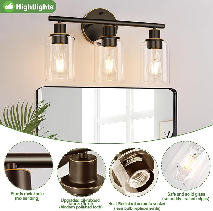 3-Light Bathroom Light Fixtures, Brown and Gold Bathroom Wall Lights, Modern Vanity Light with Clear Glass Shade, Bathroom Wall Lamp for Mirror Hallway Cabinet
