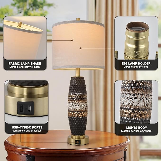 Terpsichore 3 Way Dimmable Farmhouse Table Lamps Bedroom Touch Bedside Lamp Modern Glazed Ceramic Lamp 2 Set with Fabric Shade,USB Type-C Port for Bedroom,Reading,Desk,Living Room,Office
