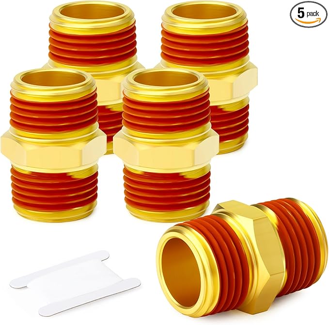 GASHER 5PCS Brass Pipe Fitting, Hex Nipple, 1/2" Male Pipe x 1/2" Male Pipe With Sealant