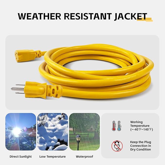 15 Ft Outdoor Extension Cord - 12/3 SJTW Heavy Duty Yellow Extension Cable with 3 Prong Grounded Plug - Power Cord for Lawn, Garden, Appliances