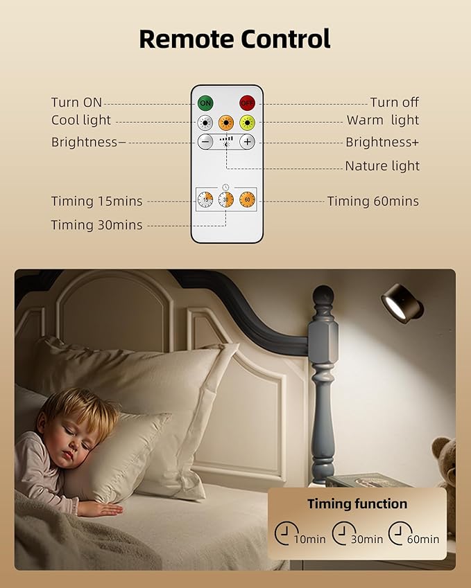 LED Wall Mounted Lights, Rechargeable Wall Sconces Lamp, 3 Color Temps & Remote and Touch, 360°Rotation Dimmable Cordless Wall Light for Study Bedroom Reading Bedside(Black, 1 Pack)