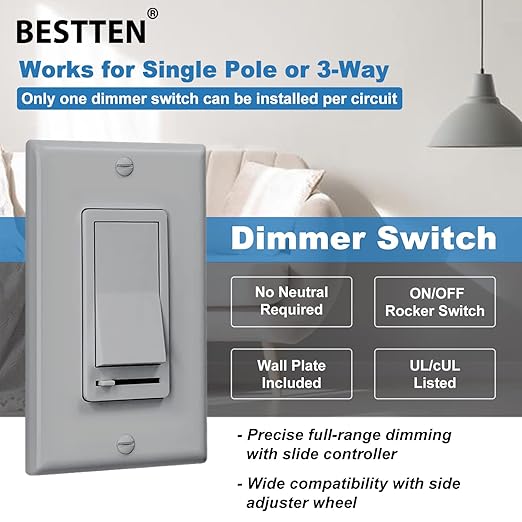 BESTTEN 2 Pack Dimmer Wall Light Switch, Compatible with Dimmable LED, CFL, Incandescent and Halogen Bulb, Single Pole or 3-Way Dimmer Switches, 120VAC, Decorator Wall Plate Included, Gray, UL Listed