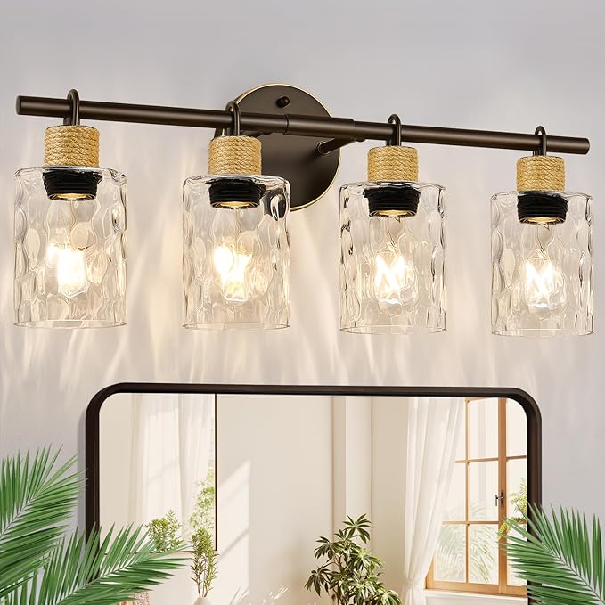2025 Upgrade Bathroom Light Fixtures, 4-Light Coastal Vanity Lights with Crystal Glass Shade, Oil-Rubbed Bronze Bathroom Wall Lamp for Mirror Kitchen Hallway Cabinet