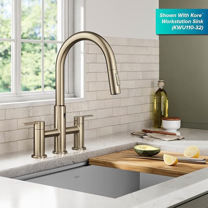 KRAUS Oletto Touchless Sensor Bridge Kitchen Faucet with Pull-Down Sprayhead in Spot-Free Stainless Steel, KSF-3122SFS