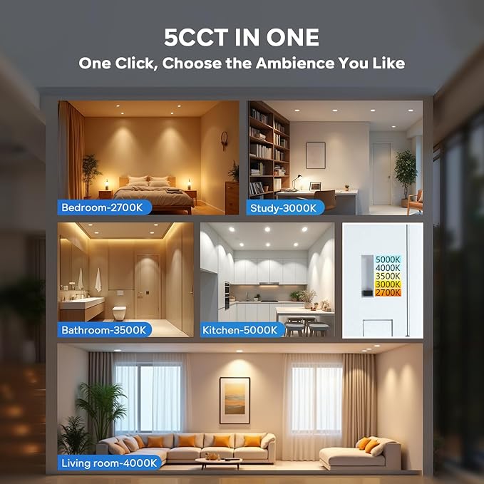 LVWIT Ultra-Thin Recessed Lighting 8 Inch with Junction Box, 1620LM High Luminance 2700K-5000K 5CCT LED Ceiling Lights, Dimmable Canless Wafer Downlight, ETL,FCC&IC, Smooth Trim, 6 Pack