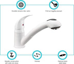 Dura Faucet DF-NMK852-WT RV Pull-Out Swivel Single Handle Kitchen Sink Faucet - One-Hole (White)