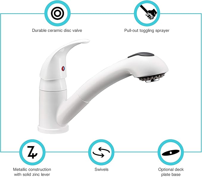 Dura Faucet DF-NMK852-WT RV Pull-Out Swivel Single Handle Kitchen Sink Faucet - One-Hole (White)