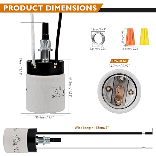 UL Listed Porcelain E26 Lamp Socket with 6'' Wire Lead, High Temp Resistant, Rotary Knob ON/Off Switch with 2 Wire Connectors Nuts for DIY Table Lamp,Pendant Light Replacement (1)