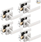 Gobrico 5 Pack Satin Nickel Square Door Levers Handles,Interior Passage Locks for Hall and Closet,Heavy Duty
