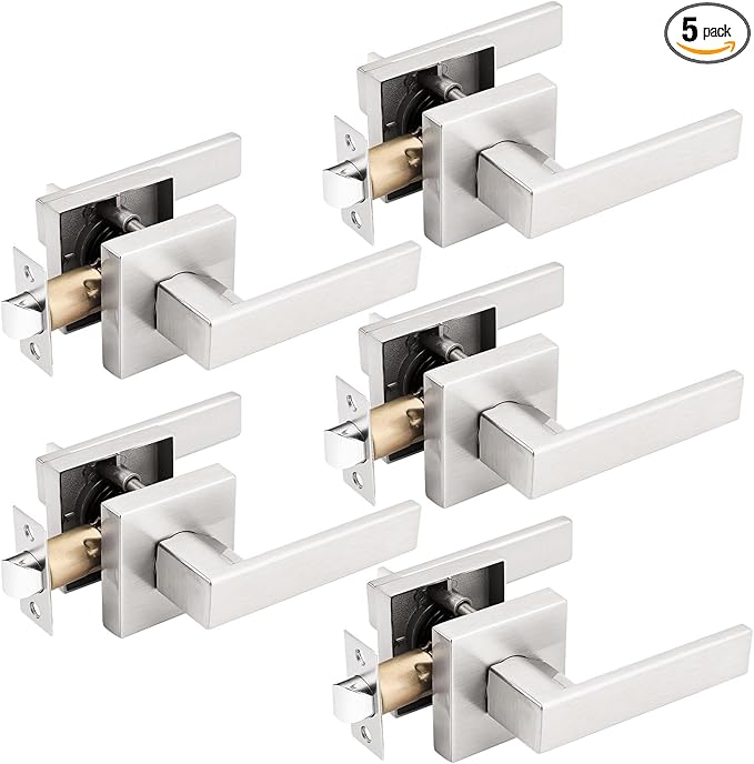 Gobrico 5 Pack Satin Nickel Square Door Levers Handles,Interior Passage Locks for Hall and Closet,Heavy Duty