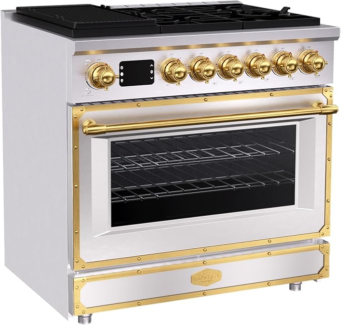 Akicon 36"Professional Custom Style Gas Range with 5.2 Cu. Ft. Oven, 6 Burners, Convection Fan, Cast Iron Grates, Clock and Timer