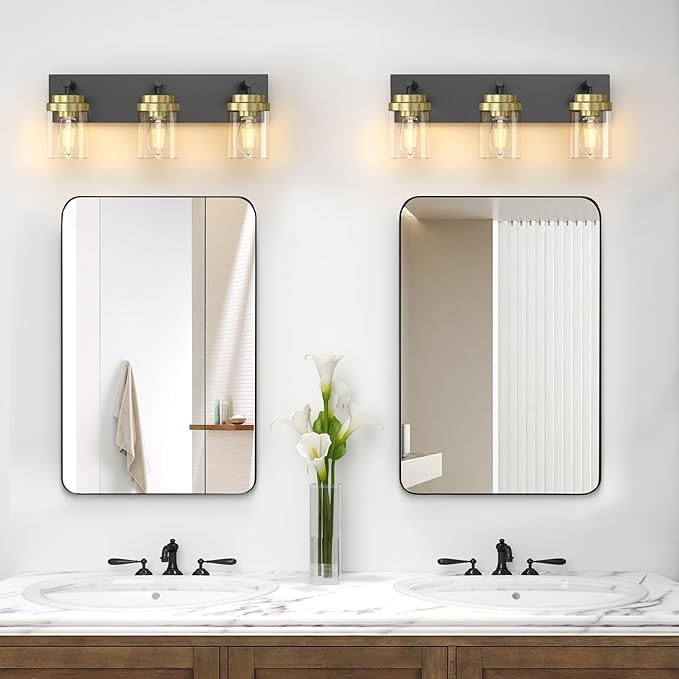 IZORRO Bathroom Vanity Light Fixture, 3-Light 22 Inch Black and Gold Bathroom Light Fixtures Over Mirror, with Clear Glass Shade, Modern Farmhouse Vanity Lights, Rustic Restroom Lighting Fixtures
