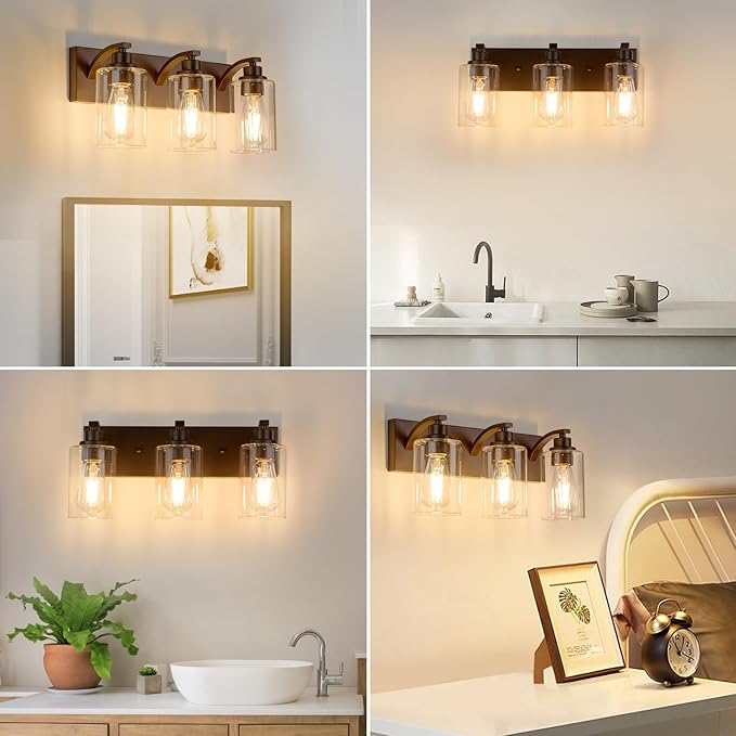 3-Light Bathroom Light Fixtures Modern ORB Vanity Lights for Bathroom Lighting Fixtures Over Mirror with Clear Glass Shade for Cabinet Mirror Bedroom Hallway