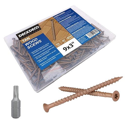 Wood Screws #9 x 3 79pcs(Approx), Tan Ruspert Coating Exterior Deck Screws, Torx/Star Drive Flat Head,Twist Shank, Cut Tip/Thread, Bit Included, 1 lb/Box