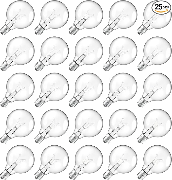 Meconard G40 Replacement Light Bulbs, E12 Candelabra Screw Base 5watt Dimmable Clear Glass Globe Incandescent Bulbs for Indoor Outdoor String Lights,Warm White,25Pack
