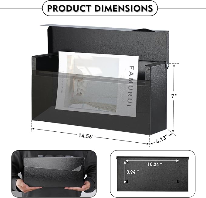 KYODOLED Wall-Mount Mailbox, Large Capacity Mail Box, Mailboxes for Outside, Galvanized Steel Rust-Proof Metal Post Box, 14.56" x7" x4.13" Black