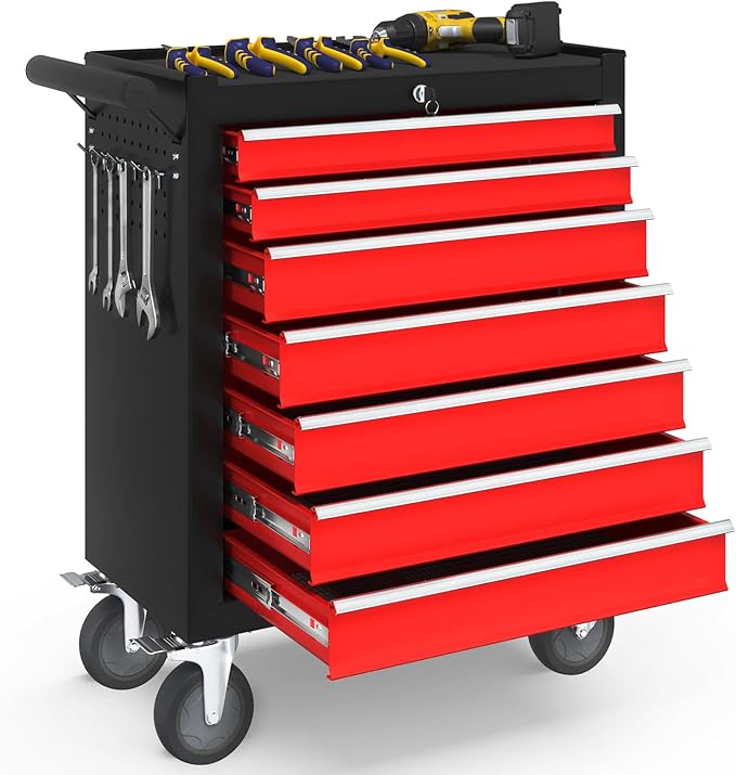7-Drawer Rolling Tool Chest with Wheels, Tool Box with Locking System and Sliding Drawers, Tool Box Organizer for Garage, Warehouse, Workshop(BlackRed)