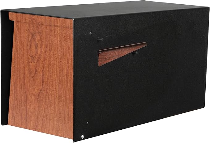 Ilyapa Modern Mailbox for Post Mount - Black Powder Coated Metal Mailbox with Ash Wood Door - Waterproof for Parcels, Recessed Magnetic Close Door