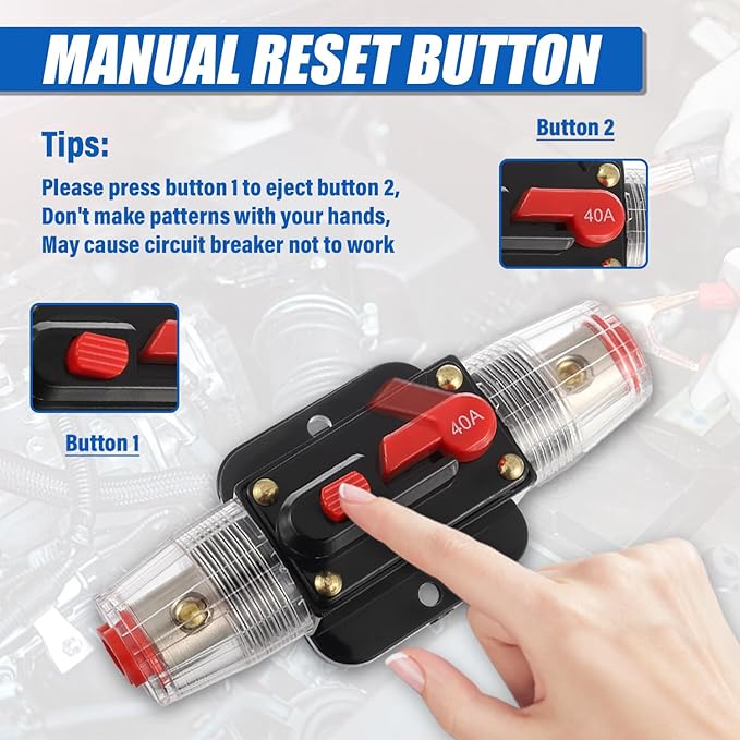 BOJACK 40A Audio Inline Circuit Breaker Reset Fuse Holder 12-24V DC Manual Reset Fuse Holder 3-15 AWG Overload Protection for Car Audio Sound Amplifier System RV Marine Boat Truck Solar Inverter