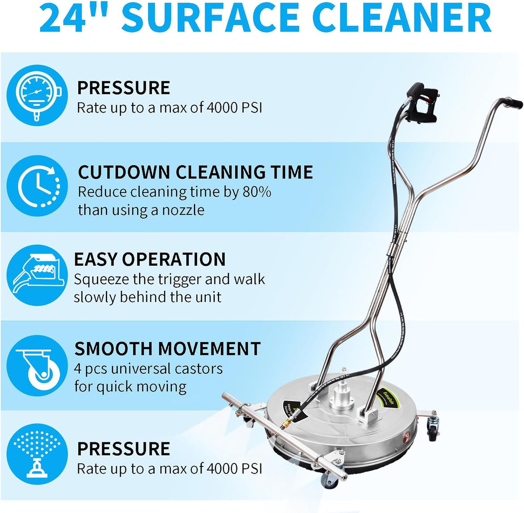 24" Pressure Washer Surface Cleaner Mate with 5 Nozzles Water Broom, Stainless Steel Surface Cleaner for Pressure Washer, Dual Handle Power Washer Surface Cleaner for Concrete Driveway, 4200 PSI