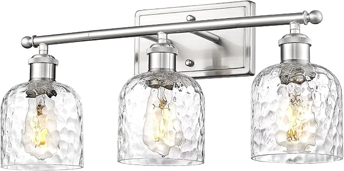 zeyu 20.8'' Modern Bathroom Vanity Lamp, 3-Light Wall Mirror Light for Bathroom, Brushed Nickel Finish with Clear Hammered Glass, ZJF63B-3W BN