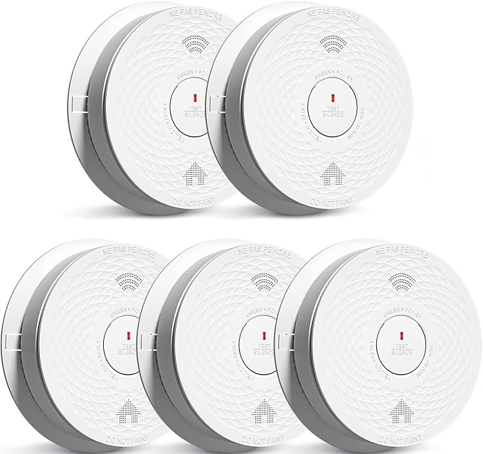 Smoke and Carbon Monoxide Detector Combo with Voice Alert, Dual Sensor Fire and CO Alarm with LED Light and Test Button, Auto Check, Battery Operated, UL 217 & UL 2034 Standards, 5 Pack