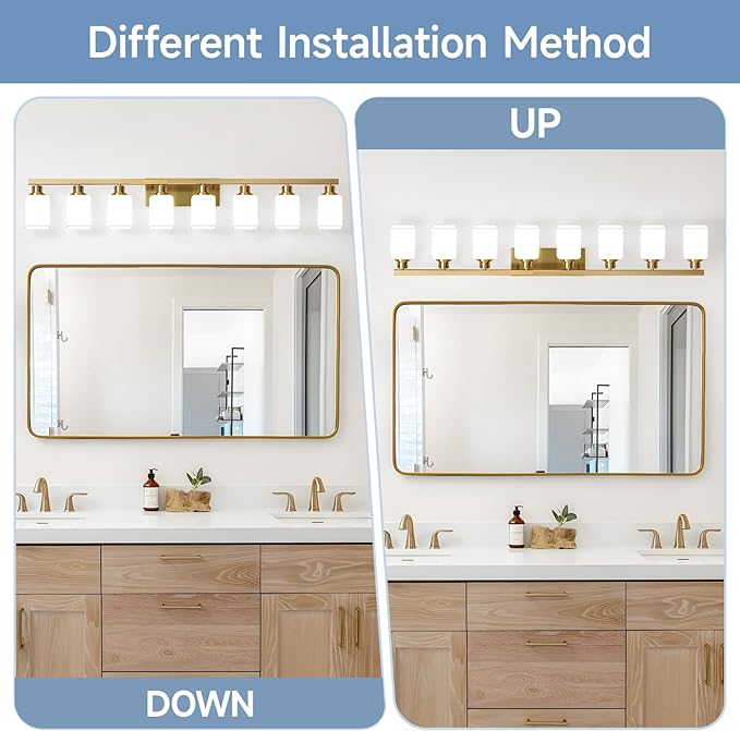 Bathroom Vanity Light,8-Light Brushed Gold Bathroom Light Fixtures with Square Frosted Glass,Gold Wall Lamp Sconces for Mirror Bedroom,Living Room Hallway,E26