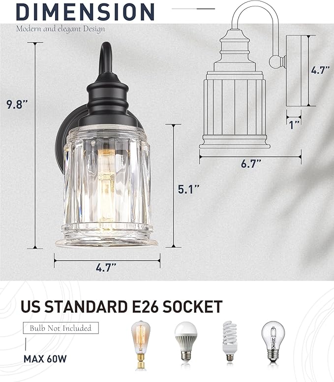 Black Wall Sconces, HWH Rustic Industrial Wall Lamps, 1-Light Sconces Wall Lighting with Bell-Shaped Clear Glass, Bathroom Vanity Light Fixture for Bedroom Living Room Kitchen, 5HZG106B BK