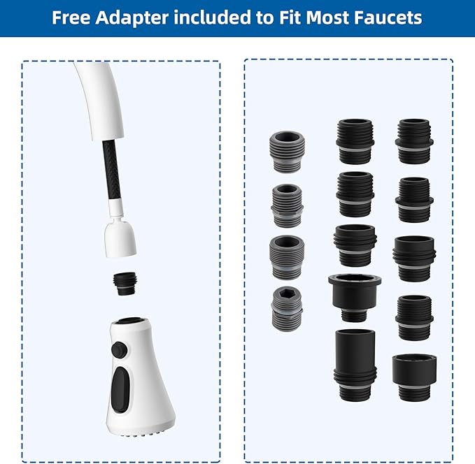 Hibbent Pull Down Spray Head for Kitchen Faucet, NSF/ANSI/CAN 61 & CUPC Certified 3-Function Spray Nozzle, 14 Adapters, Sink Faucet Head Replacement Compatible with Moen, Delta, Kohler, White