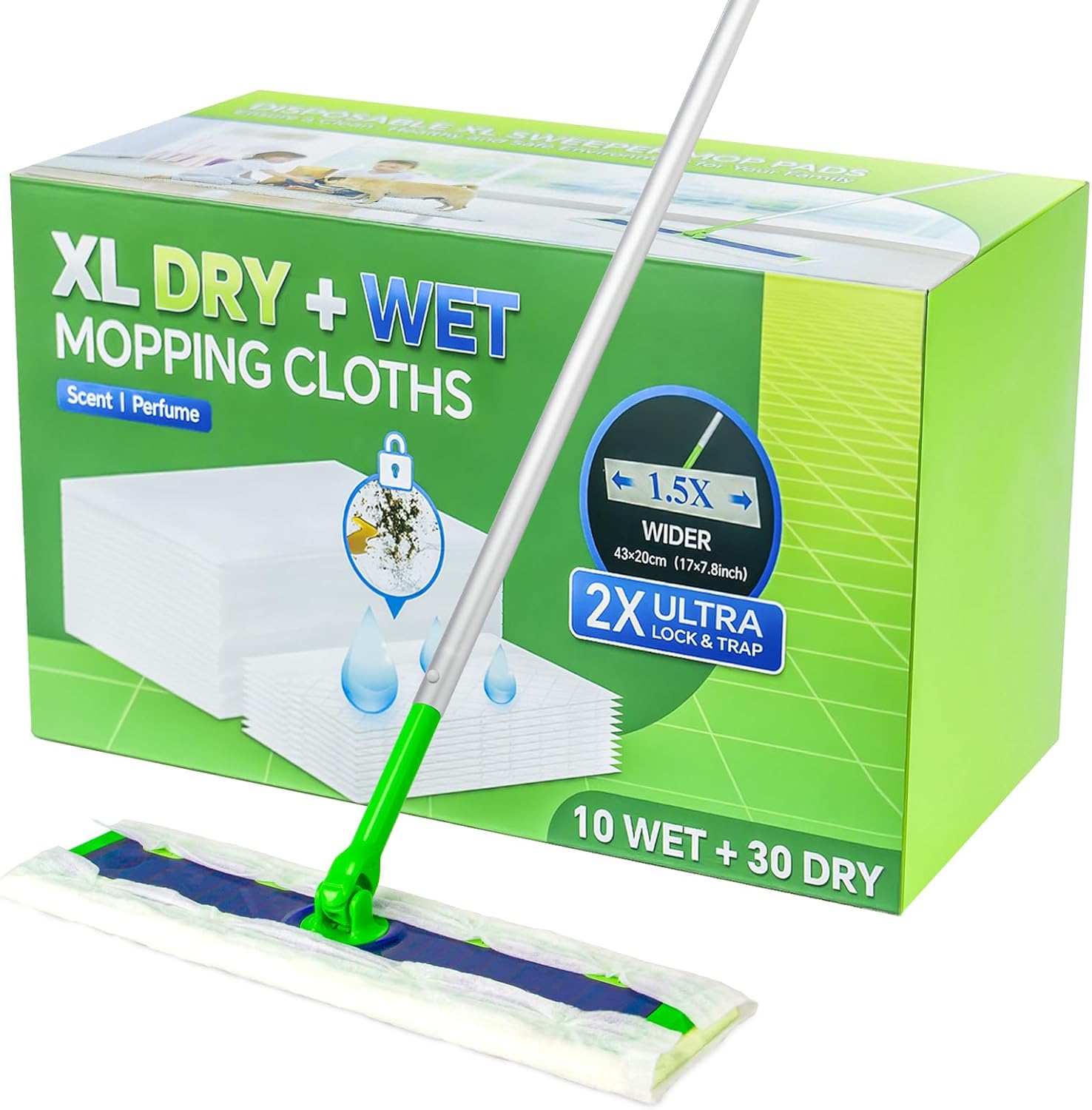 40 Count XL Dry+Wet Mopping Cloths Kit for Swiffer Sweeper XL Mop - Disposable X-Large Mop Pad Refills - Multi-Surface Pads Kit Includes 30 Dry Sweeping Cloths & 10 Wet Mopping Pads for Floor Cleaning