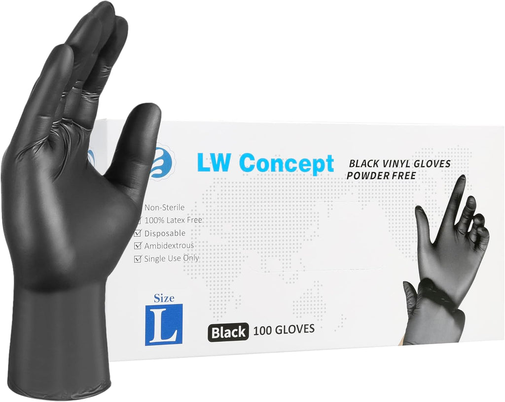 LW Concept - Black Vinyl Gloves, Disposable Non-Sterile Latex-Free Powder-Free Glove