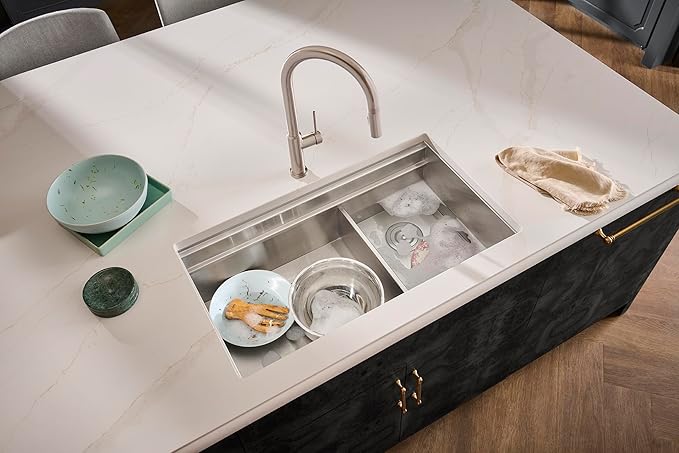 Ruvati 33-inch Workstation Kitchen Sink - Dual Tier Double Bowl Kitchen Sink - Low Divide Undermount Sinks - 16 Gauge Stainless Steel Kitchens Sinks - RVH8255