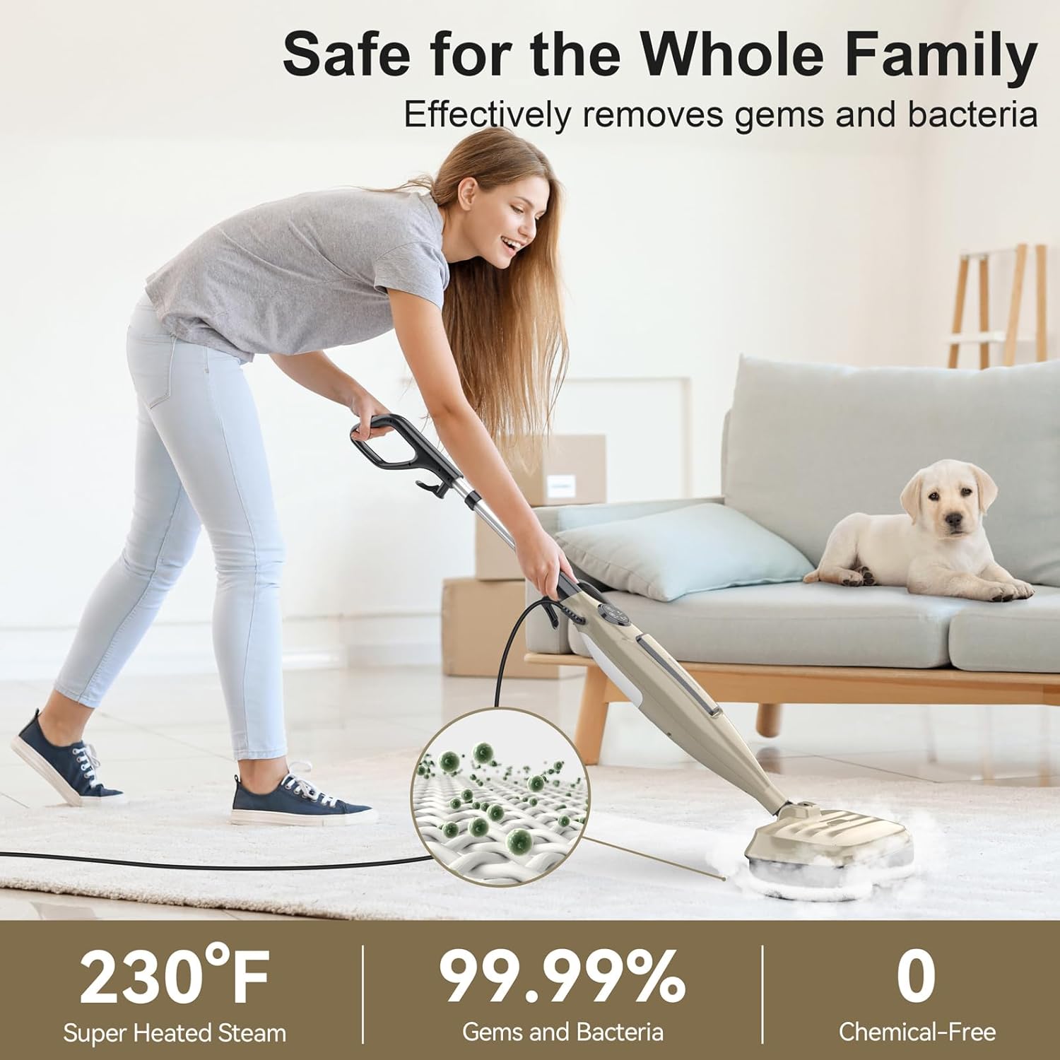 DEVOAC VM6 Scrubbing Steam Mop with Rotating Mop Pads, 10 in 1 Steam Mop, Lightweight Spin Mop & 3 Steam Modes for Hard Floor Laminate Marble Floors (Khaki)