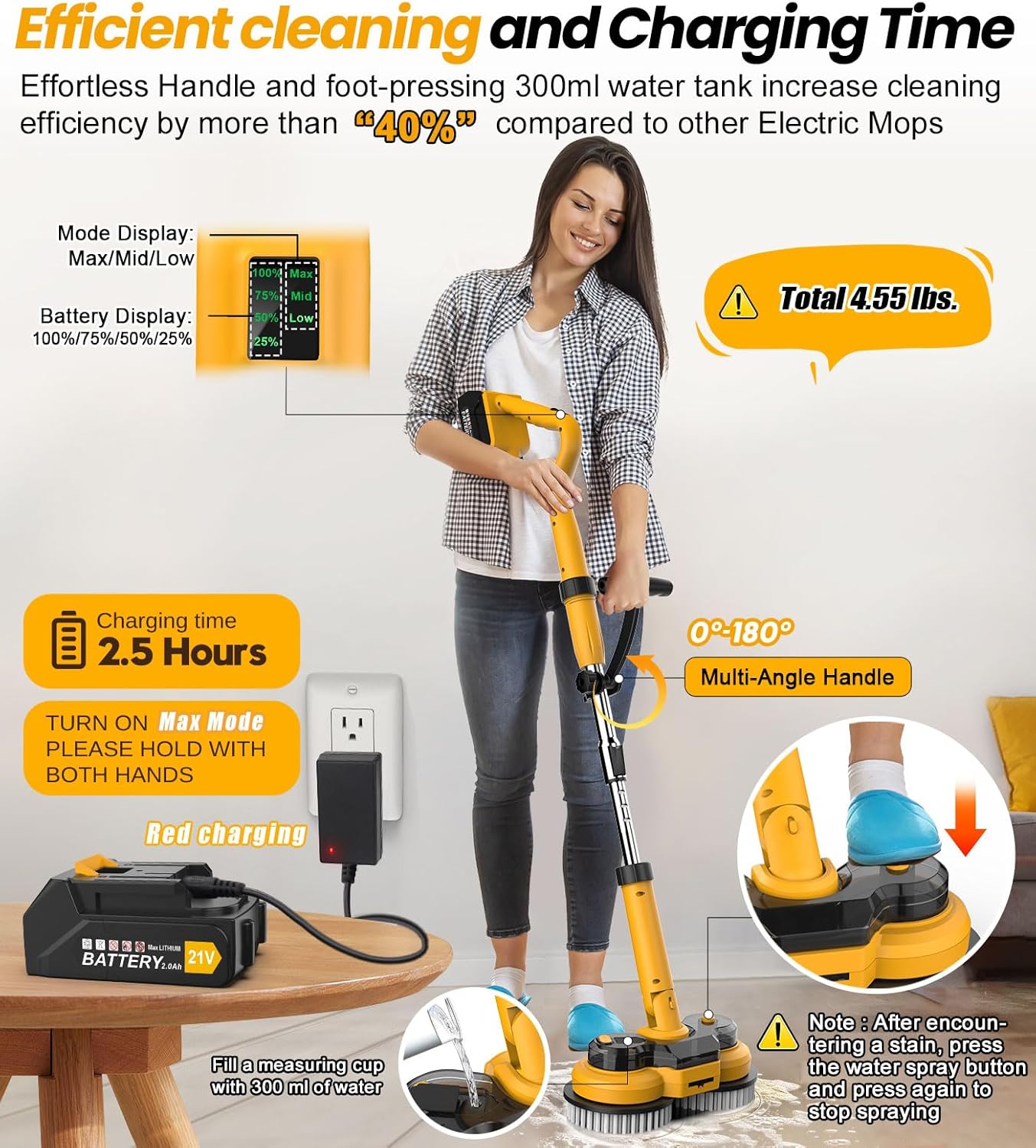 qimedo 6000mAh Battery Cordless Electric Mop M1 Pro, 800RPM Electric Power Scrubber & Mops for Floor Cleaning, Automatic Spin Mops with Smart Display,Rotating Mop with LED Light & Water Spray