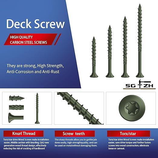 #10 x 5 Inch Deck Screws (328Pcs) 8lb. Carbon Steel, Green, Flat Head, Rust Resistant epoxy Coated, with T25 Star Bit