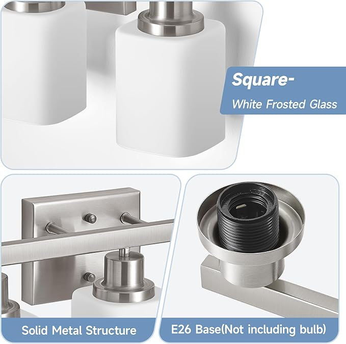 3-Light Bathroom Vanity Light,Brushed Nickel Vanity Lights with Square Frosted Glass,Modern Bathroom Wall Lights Fixtures Over Mirror,Wall Sconces Lighting for Bedroom Living Room,E26