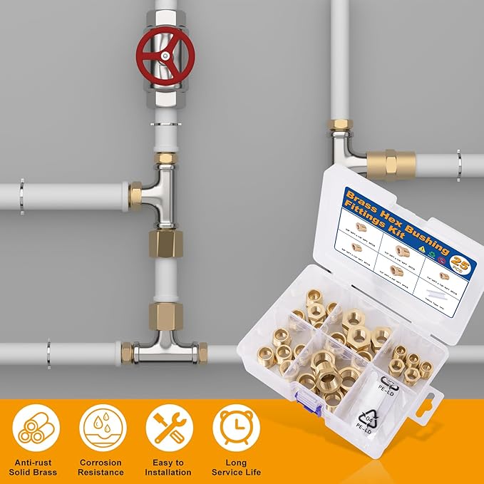 KOOTANS 25PCS Brass Hex Bushing Kit Brass Fittings Assortment 1/4" to 1/8", 3/8" to 1/8", 3/8" to 1/4", 1/2" to 1/4", 1/2" to 3/8" NPT Reducer Pipe Fittings Adapter Fitting