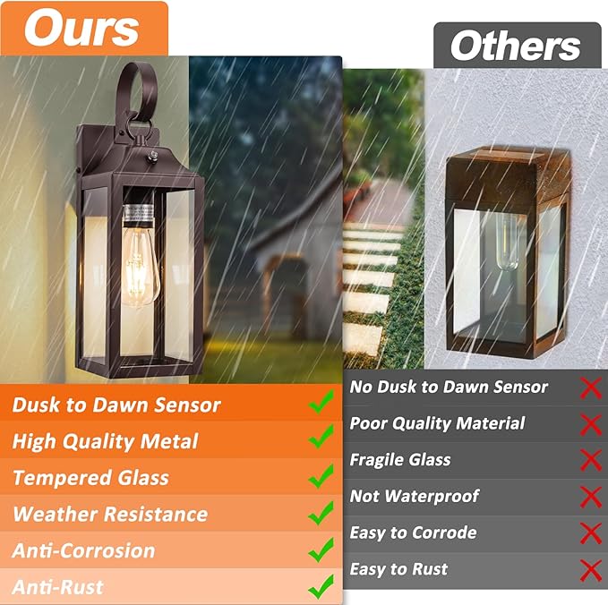 Dusk to Dawn Wall Lights 2 Pack, Oil Rubbed Bronze Outdoor Light Fixtures Wall Mount, 15 Inch Exterior Wall Sconces Waterproof, Large Outside Lights for House, Modern Wall Lanterns Brown