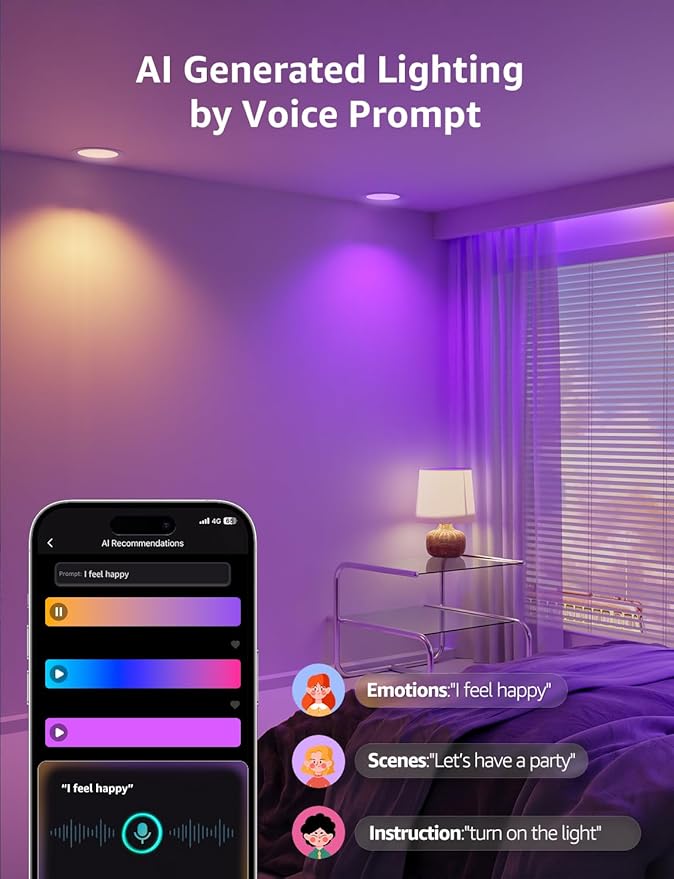 Lepro R2 AI Smart LED Recessed Lighting 6 Inch, RGBCW APP Control Ceiling Lights, Alexa & Google Compatible, 12W 1050LM Slim Canless Downlight, Personalized AI Lighting Designer, 2.4GHz WiFi, 4-Pack