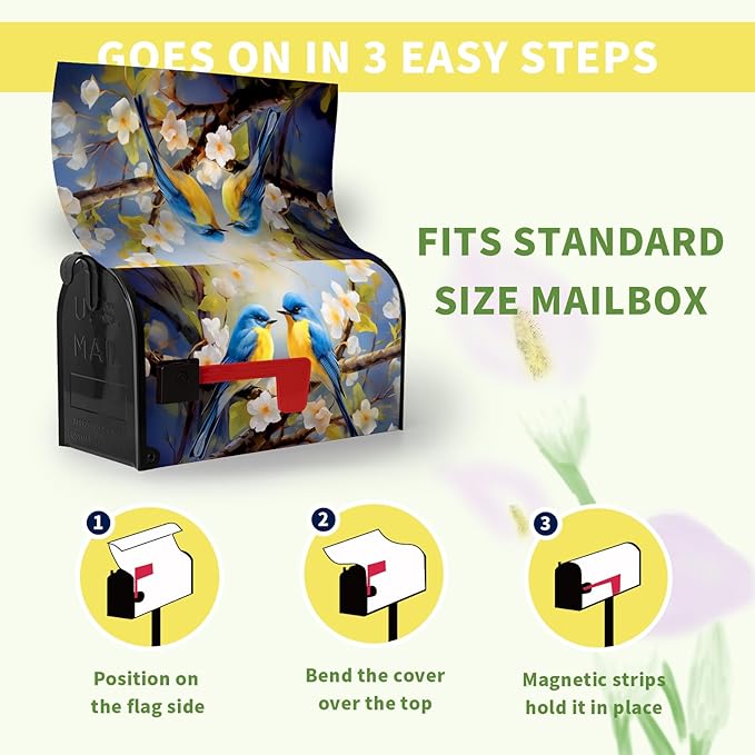 Summer Bird Floral Mailbox Covers Magnetic Oversized Spring Bluebirds Flower Mailbox Cover Large Size 21x25.5 Inch Mailbox Wraps Outdoor Decoration Post Letter Box Cover for Garden Yard