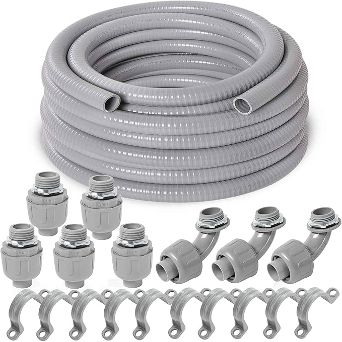 (3/4" Dia * 50 Feet) Yariwiz Flexible Electrical Conduit Liquid Tight PVC Conduit Kit with 5 PCS Coupling, 3 PCS Elbow and 10 PCS Strap, Sealtight Seal Flex Liquidtight Wire Outdoor Non Metallic Grey