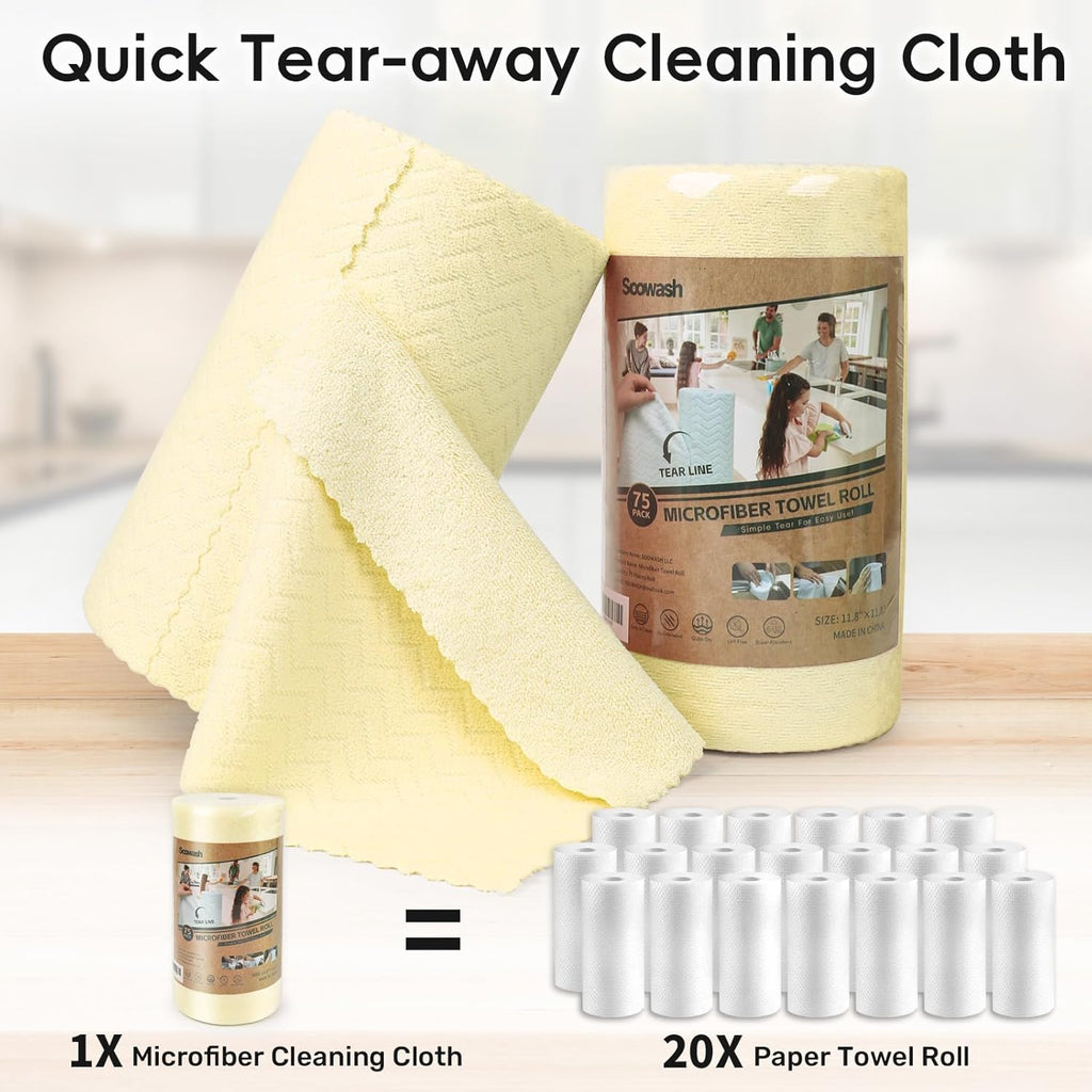 Microfiber Cleaning Cloths Roll, 75 Pack Tear Away Microfiber Towels Roll, 12" x 12" Lint Free Rags, Reusable Cleaning Cloths, Washable, Scratch Free,Ultra Absorbent Dish Rags(Yellow Ripple)