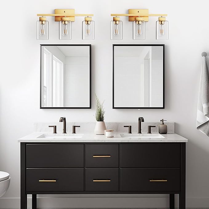 PARTPHONER 3-Light Bathroom Light Fixtures, Brushed Gold Modern Vanity Lights, Bathroom Lighting Fixtures Over Mirror, Square Design Farmhouse Wall Sconces with Clear Glass Shades
