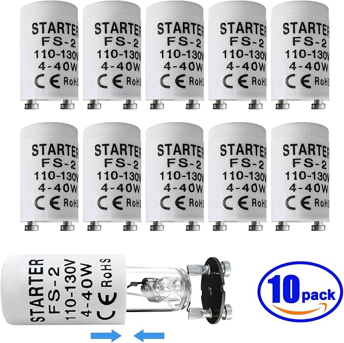 Fluorescent Starter, 4-40W, T8, 10 Count, Indoor, Long Lasting, 1.1E+2V AC, Compatible with GE, FS-2, FS-5, Preheat Fluorescent Lamps