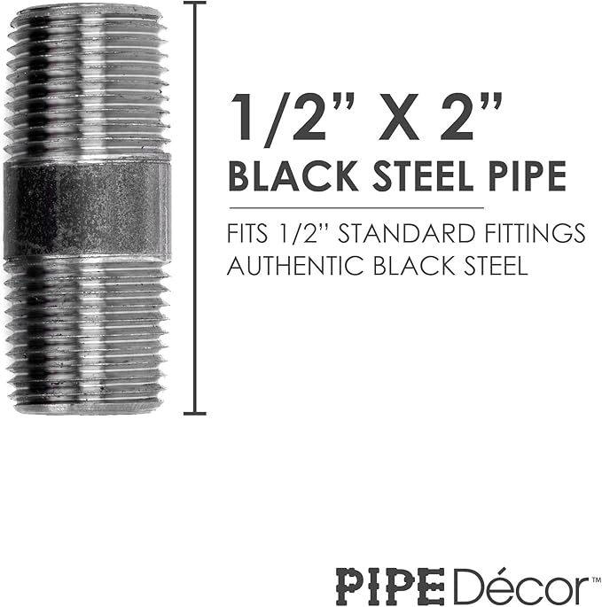 PIPE DÉCOR 1/2” x 2” Malleable Cast Iron Pipe Nipple, Pre Cut Connectors, Industrial Steel Grey Fits Standard Half Inch Black Threaded Pipes Nipples and Fittings, Build Vintage DIY Furniture, 10 Pack